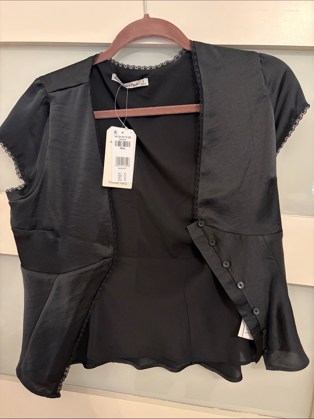 Abercrombie & Fitch Black Short-Sleeve Lace-Trim Button Blouse